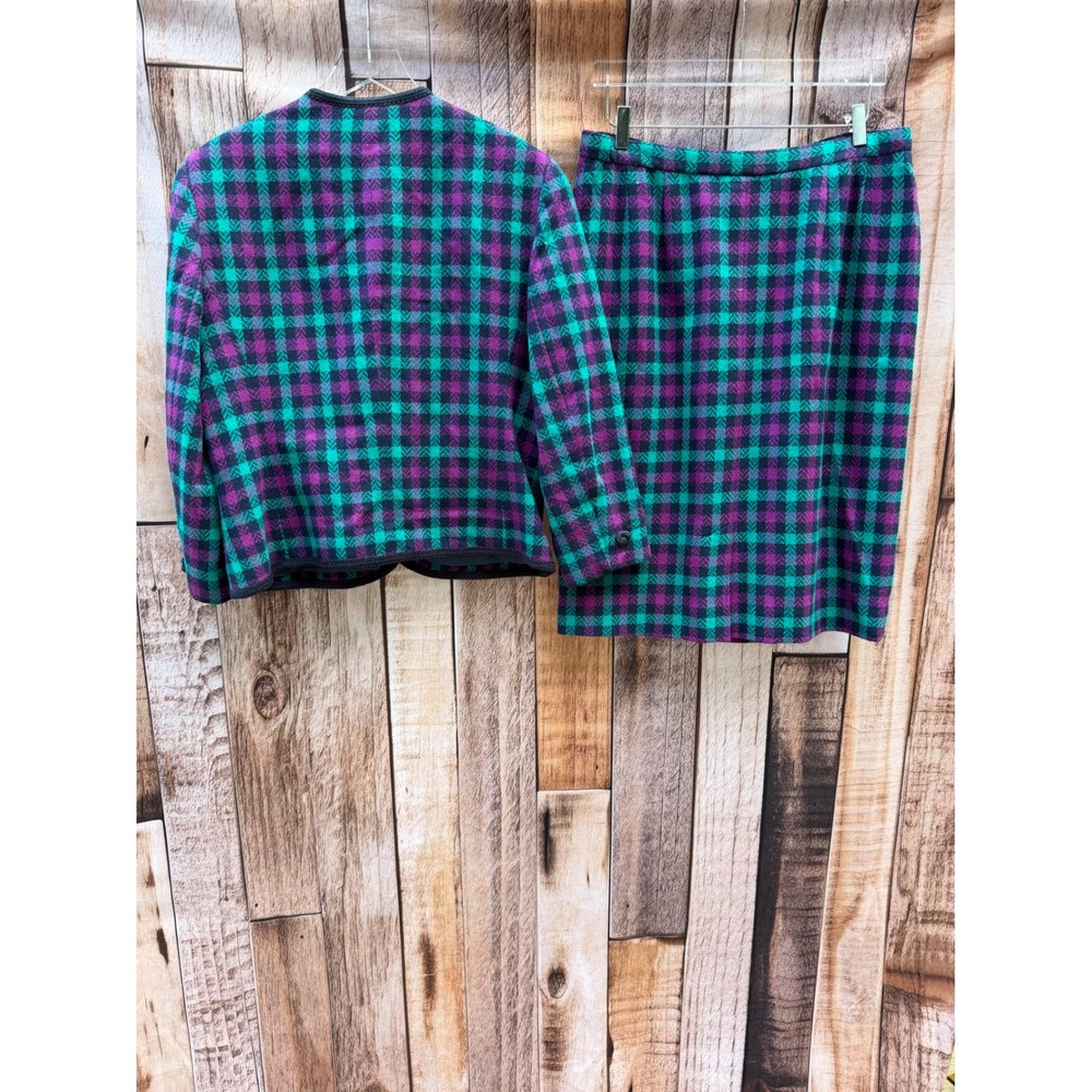 Pendleton Vintage 1980s Wool Plaid Skirt Suit Purple Green Workwear Size 14 - Picture 2 of 11